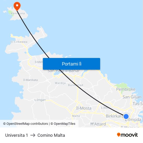 Universita 1 to Comino Malta map