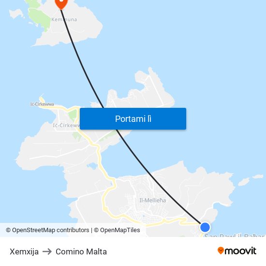 Xemxija to Comino Malta map