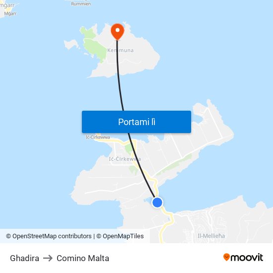 Ghadira to Comino Malta map
