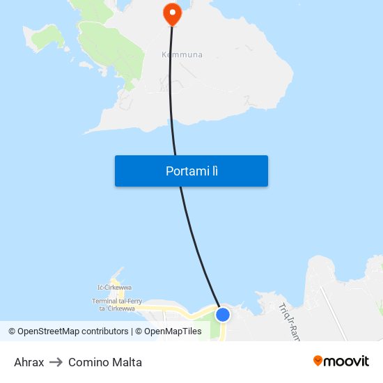 Ahrax to Comino Malta map