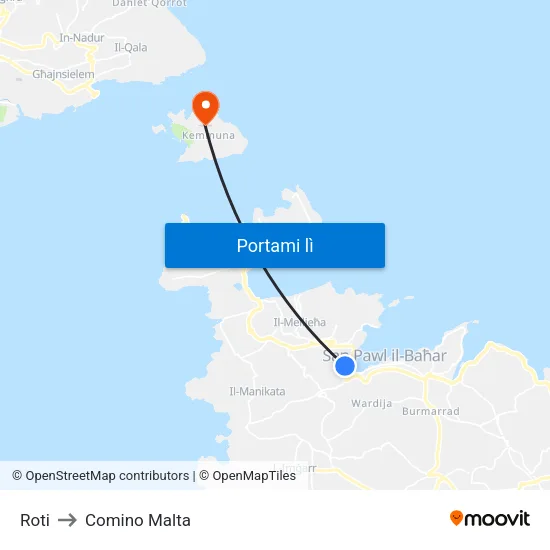 Roti to Comino Malta map