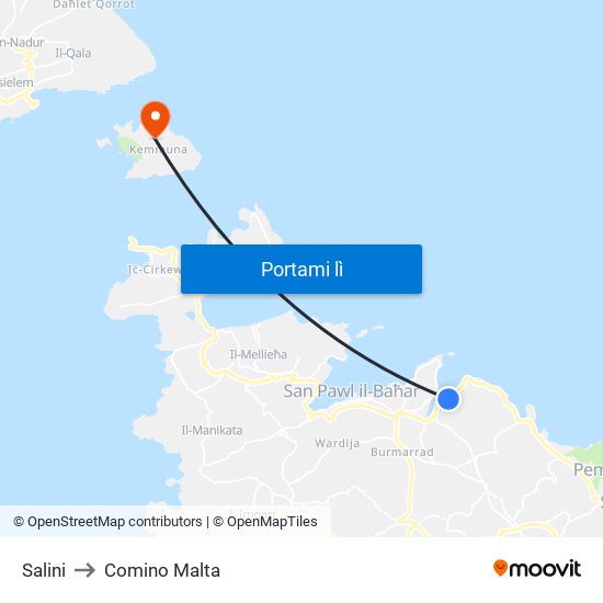 Salini to Comino Malta map