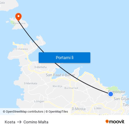 Kosta to Comino Malta map