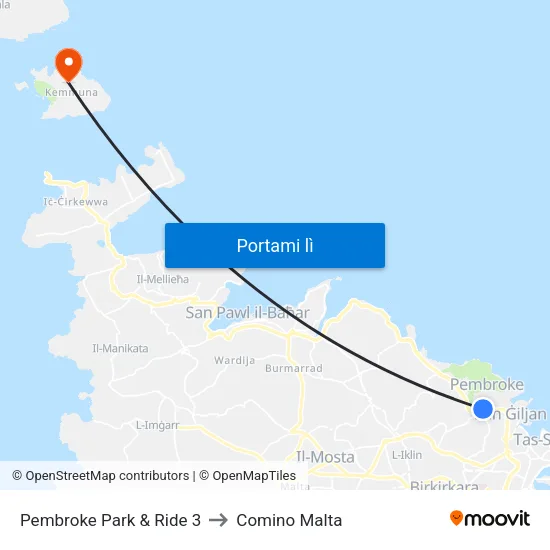 Pembroke Park & Ride 3 to Comino Malta map
