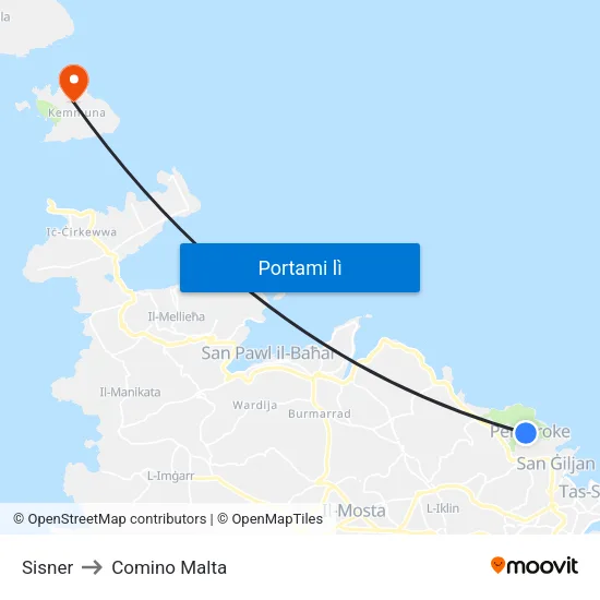 Sisner to Comino Malta map