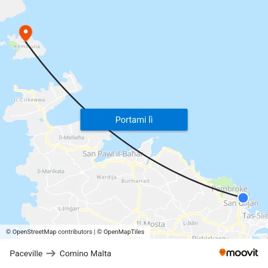 Paceville to Comino Malta map