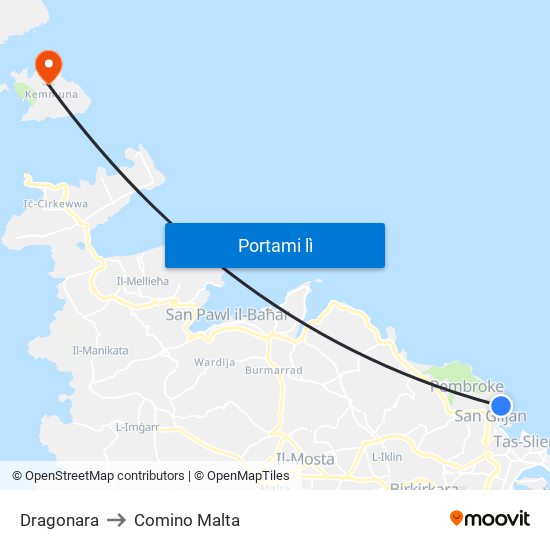 Dragonara to Comino Malta map