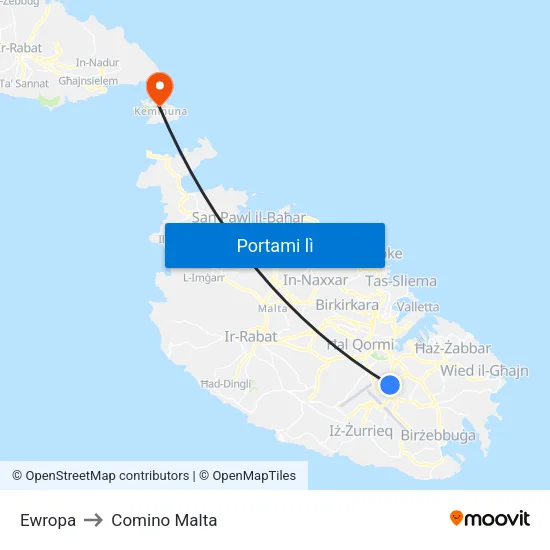 Ewropa to Comino Malta map