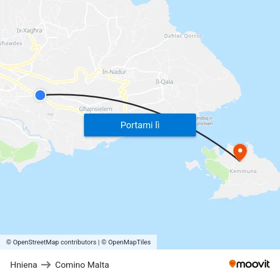 Hniena to Comino Malta map