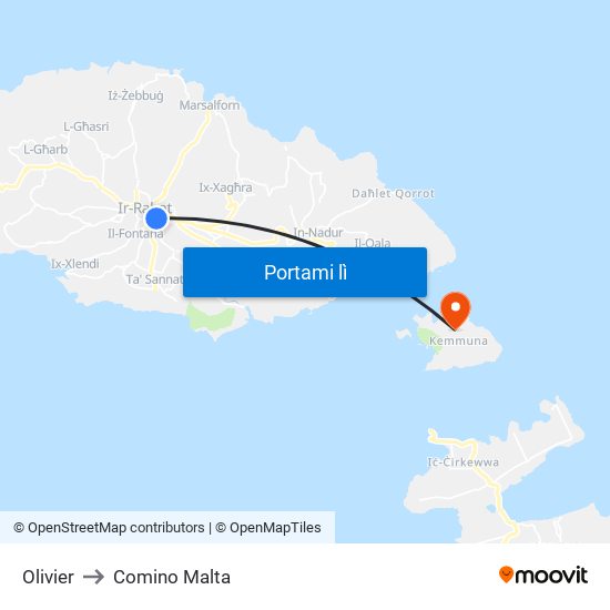 Olivier to Comino Malta map