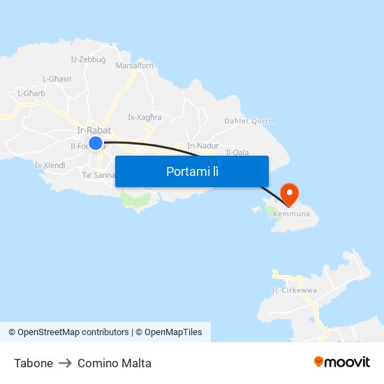 Tabone to Comino Malta map