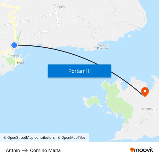 Antnin to Comino Malta map
