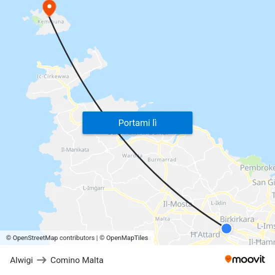 Alwigi to Comino Malta map