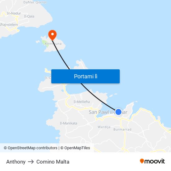 Anthony to Comino Malta map