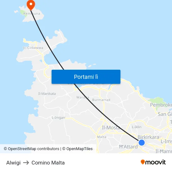 Alwigi to Comino Malta map