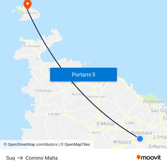 Suq to Comino Malta map