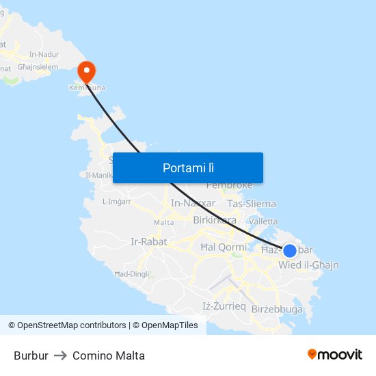 Burbur to Comino Malta map