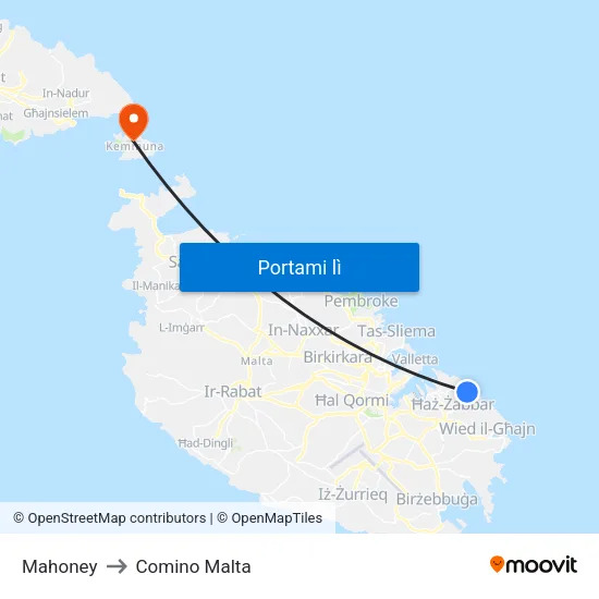 Mahoney to Comino Malta map