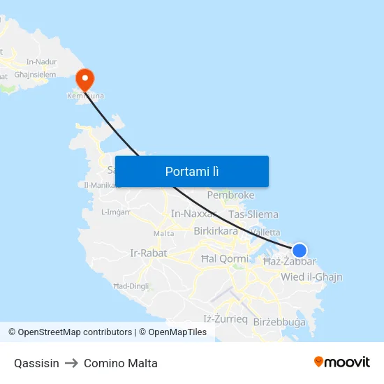 Qassisin to Comino Malta map