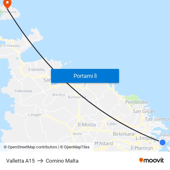 Valletta A15 to Comino Malta map