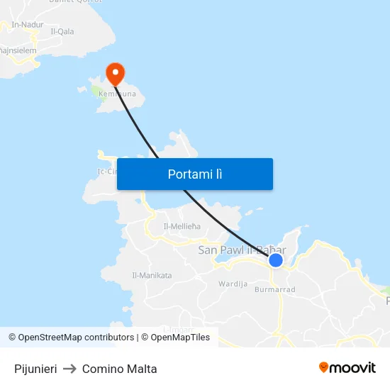 Pijunieri to Comino Malta map