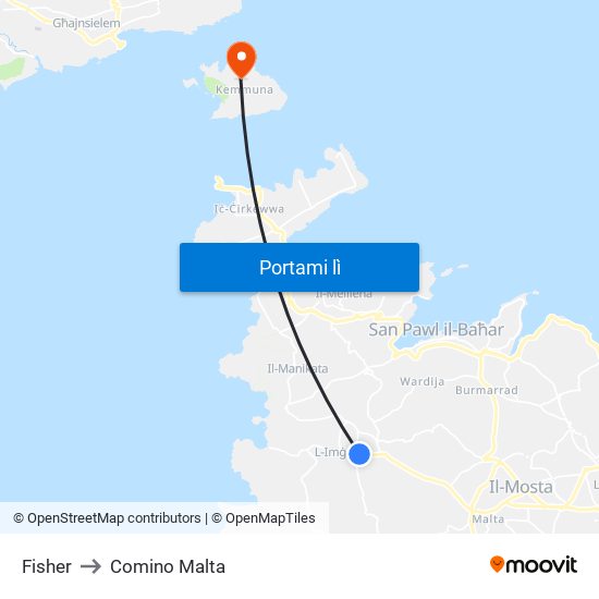 Fisher to Comino Malta map