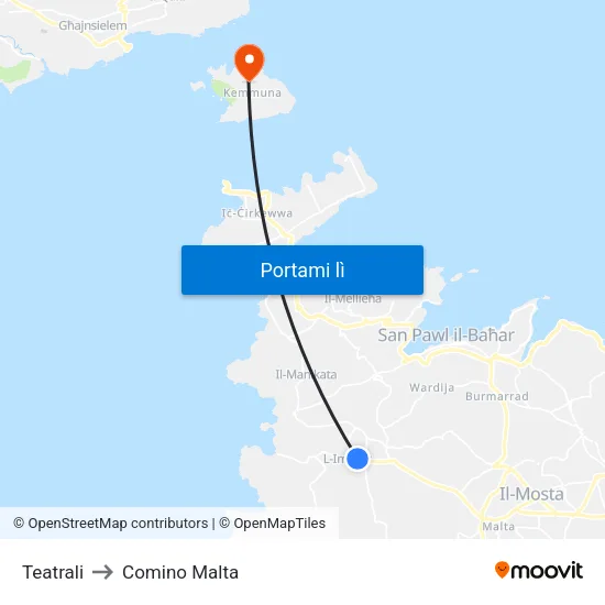 Teatrali to Comino Malta map