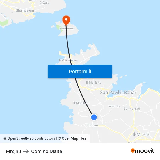 Mrejnu to Comino Malta map