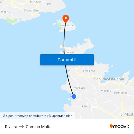 Riviera to Comino Malta map