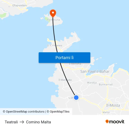 Teatrali to Comino Malta map