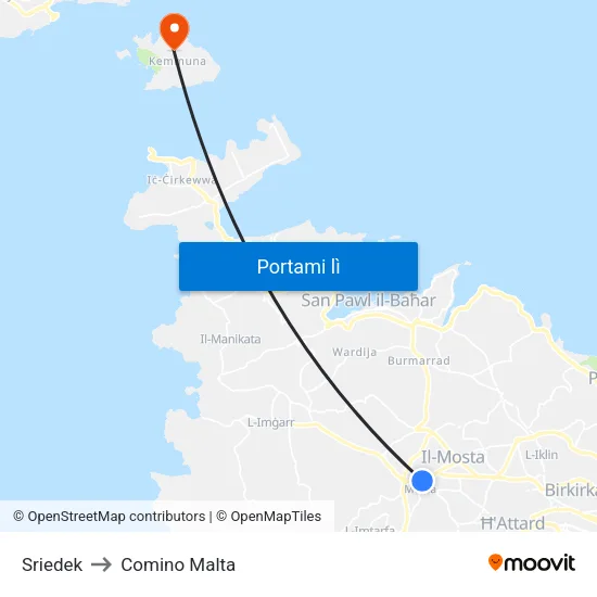 Sriedek to Comino Malta map