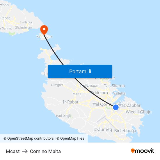 Mcast to Comino Malta map