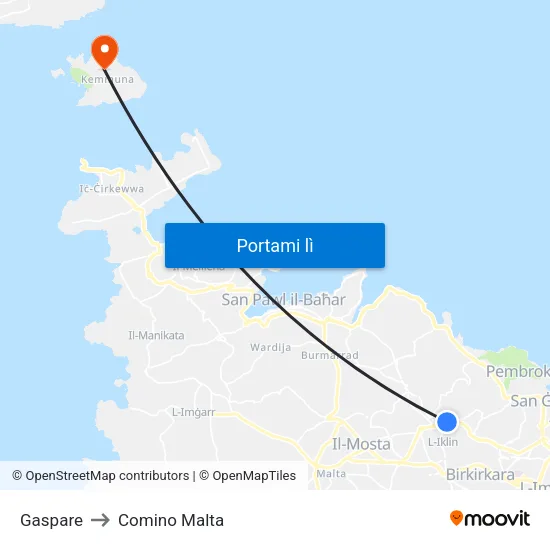 Gaspare to Comino Malta map