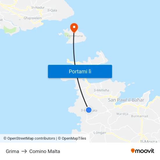 Grima to Comino Malta map