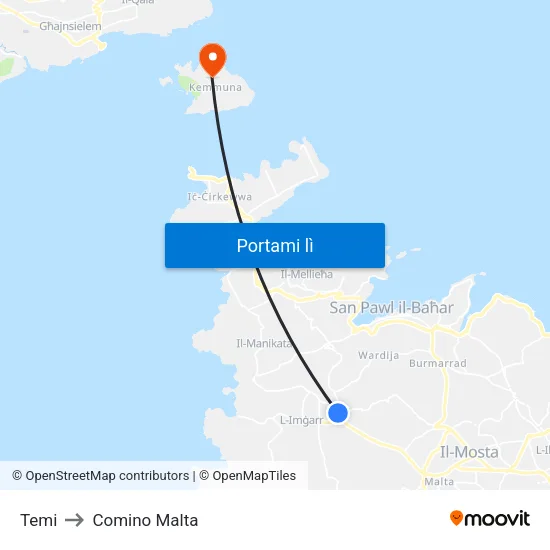 Temi to Comino Malta map
