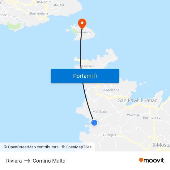 Riviera to Comino Malta map