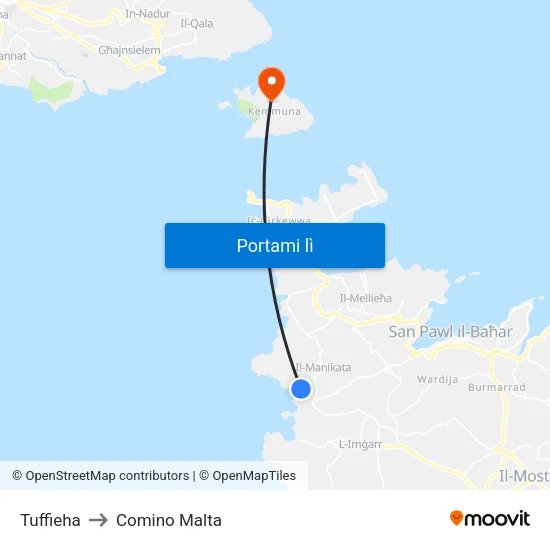 Tuffieha to Comino Malta map