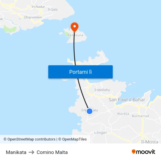 Manikata to Comino Malta map