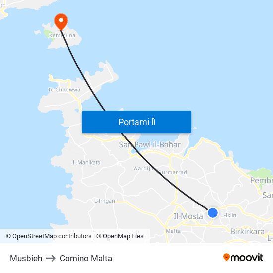 Musbieh to Comino Malta map