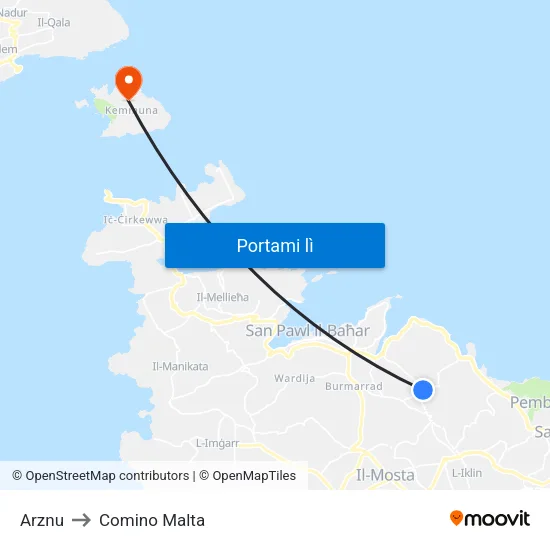 Arznu to Comino Malta map