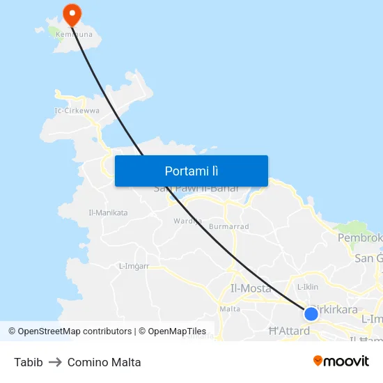 Tabib to Comino Malta map