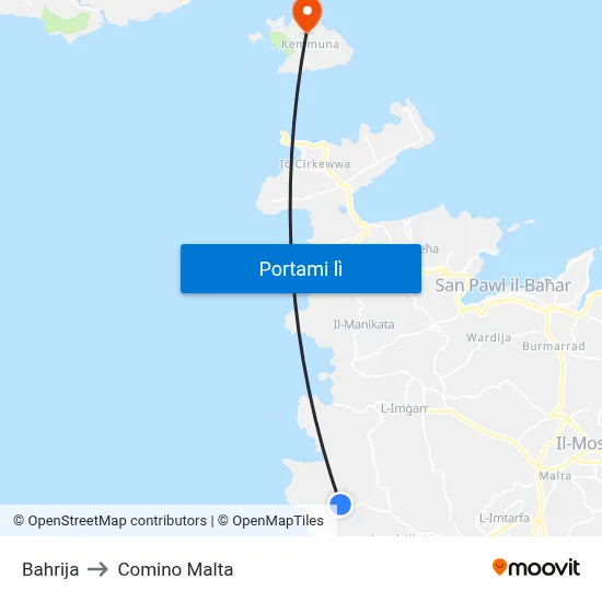 Bahrija to Comino Malta map