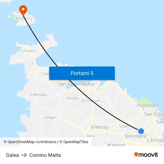 Galea to Comino Malta map