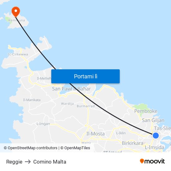 Reggie to Comino Malta map