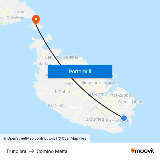 Trunciera to Comino Malta map