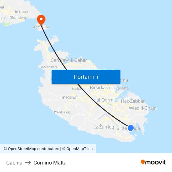 Cachia to Comino Malta map