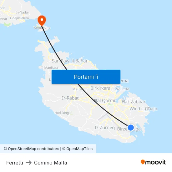 Ferretti to Comino Malta map