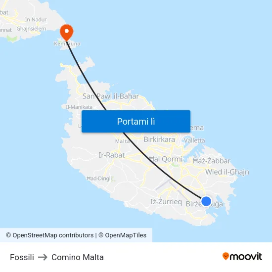 Fossili to Comino Malta map