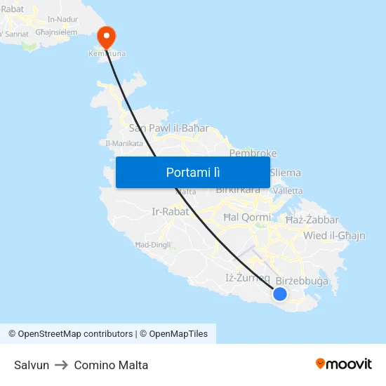 Salvun to Comino Malta map