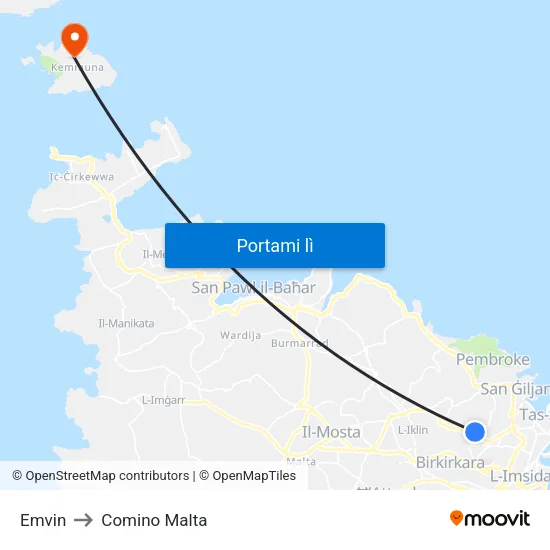 Emvin to Comino Malta map